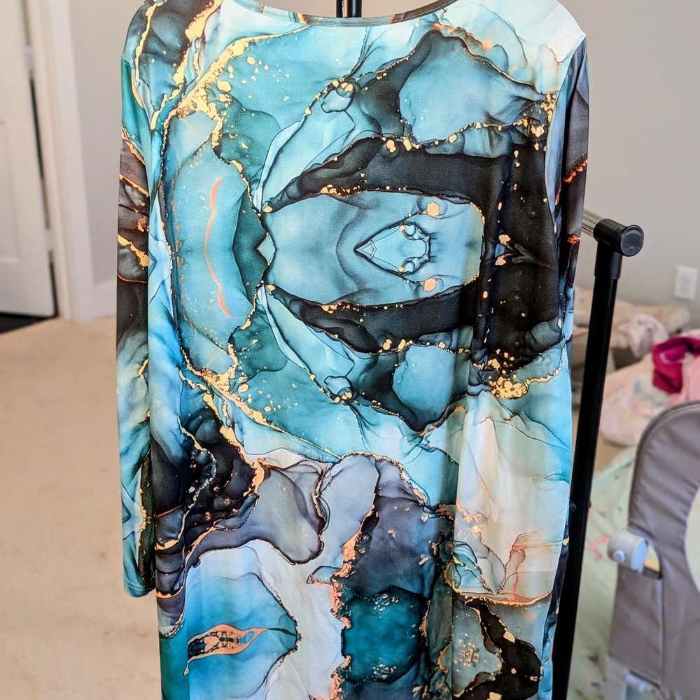 Marble Print Long Sleeve Tunic Top – Turquoise, Black And Gold - Picture 6 of 6